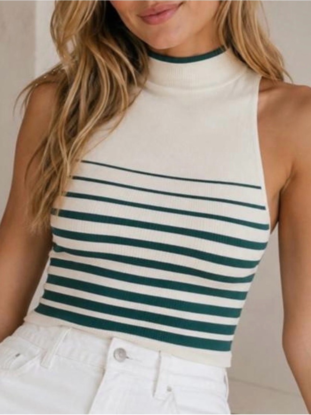 Free People Intimately cream green stripe halter top xs/s nwot